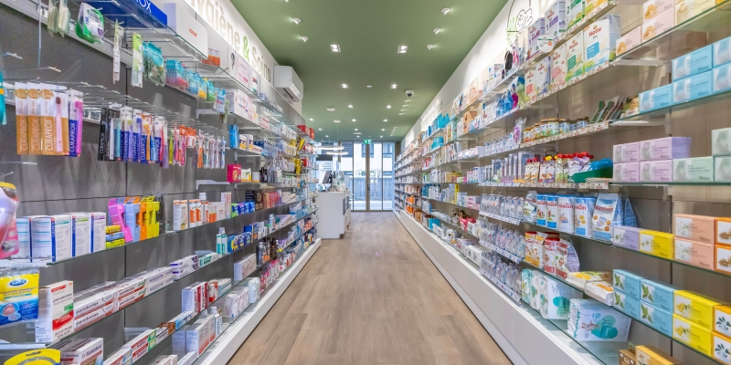 Photo grand angle qui montre l'intérieur d'une pharmacie et le mobilier