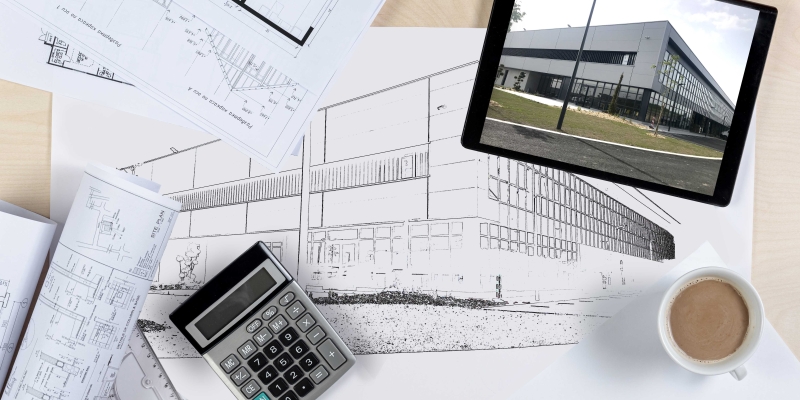 Photo qui montre un plan dessiné, calculette et tasse de café