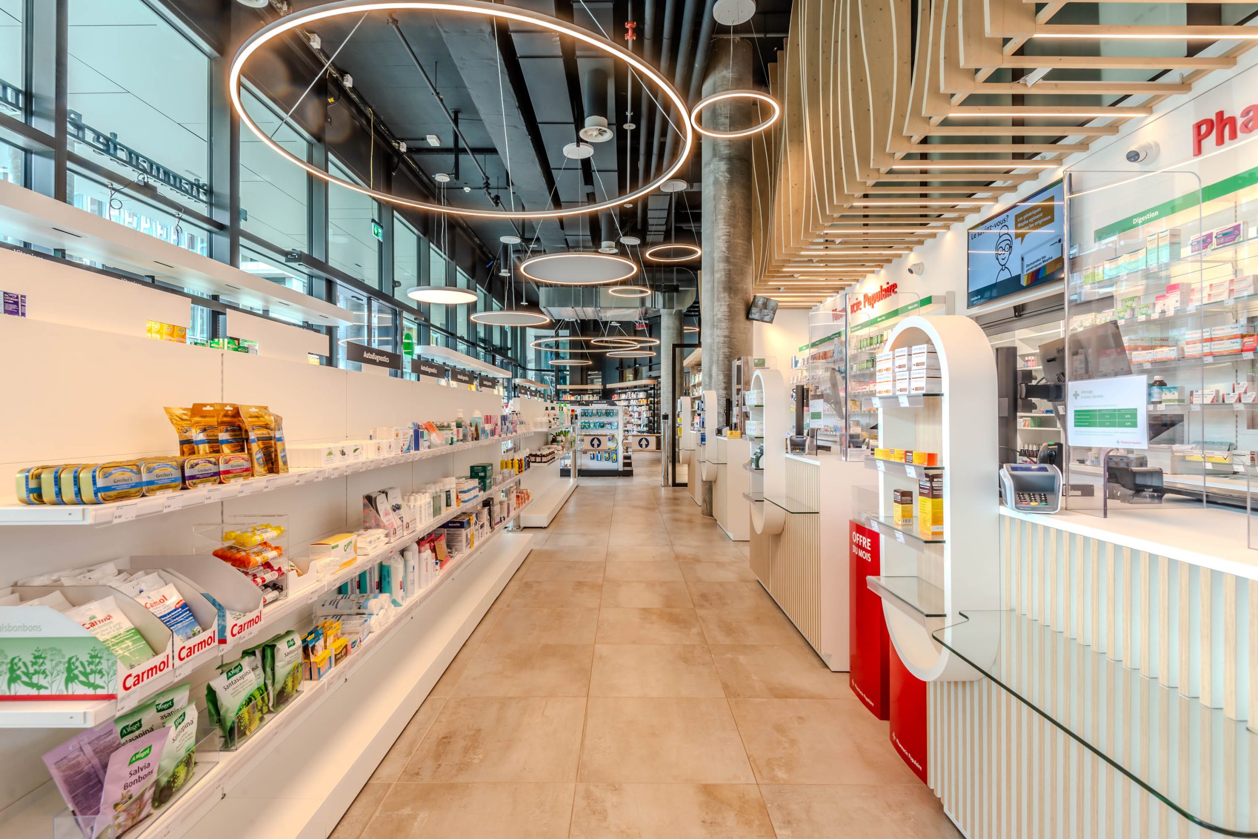 Ligne de comptoirs Gatsby . Pharmacie Populaire Etang. Micro architecture