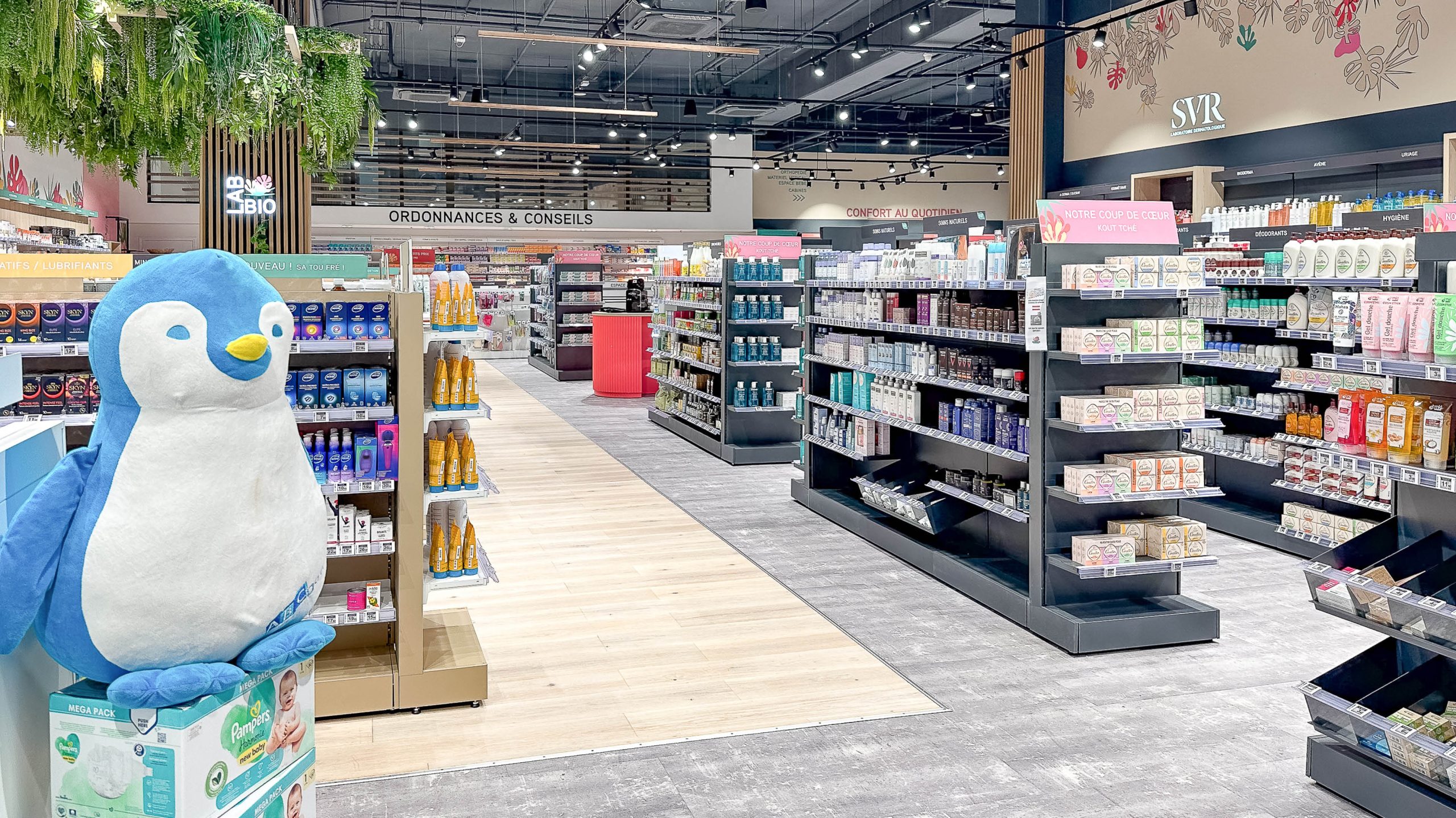 Vue générale de l’officine en L, avec parcours client fluide et zones différenciées.