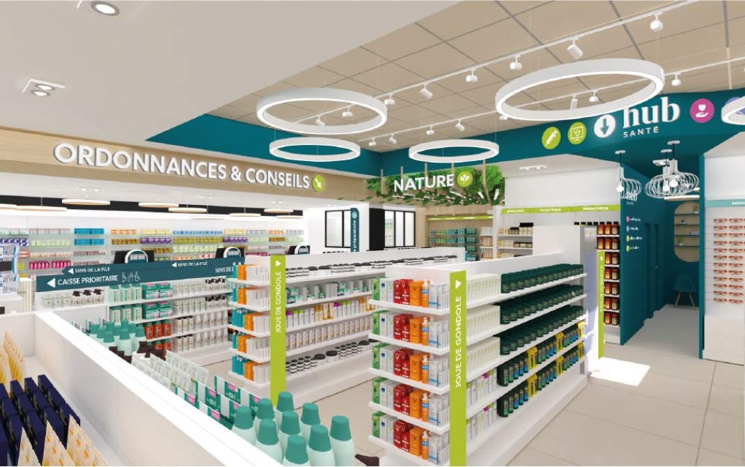 Vue d’ensemble d’une pharmacie contemporaine mettant en valeur un design graphique professionnel et accueillant.