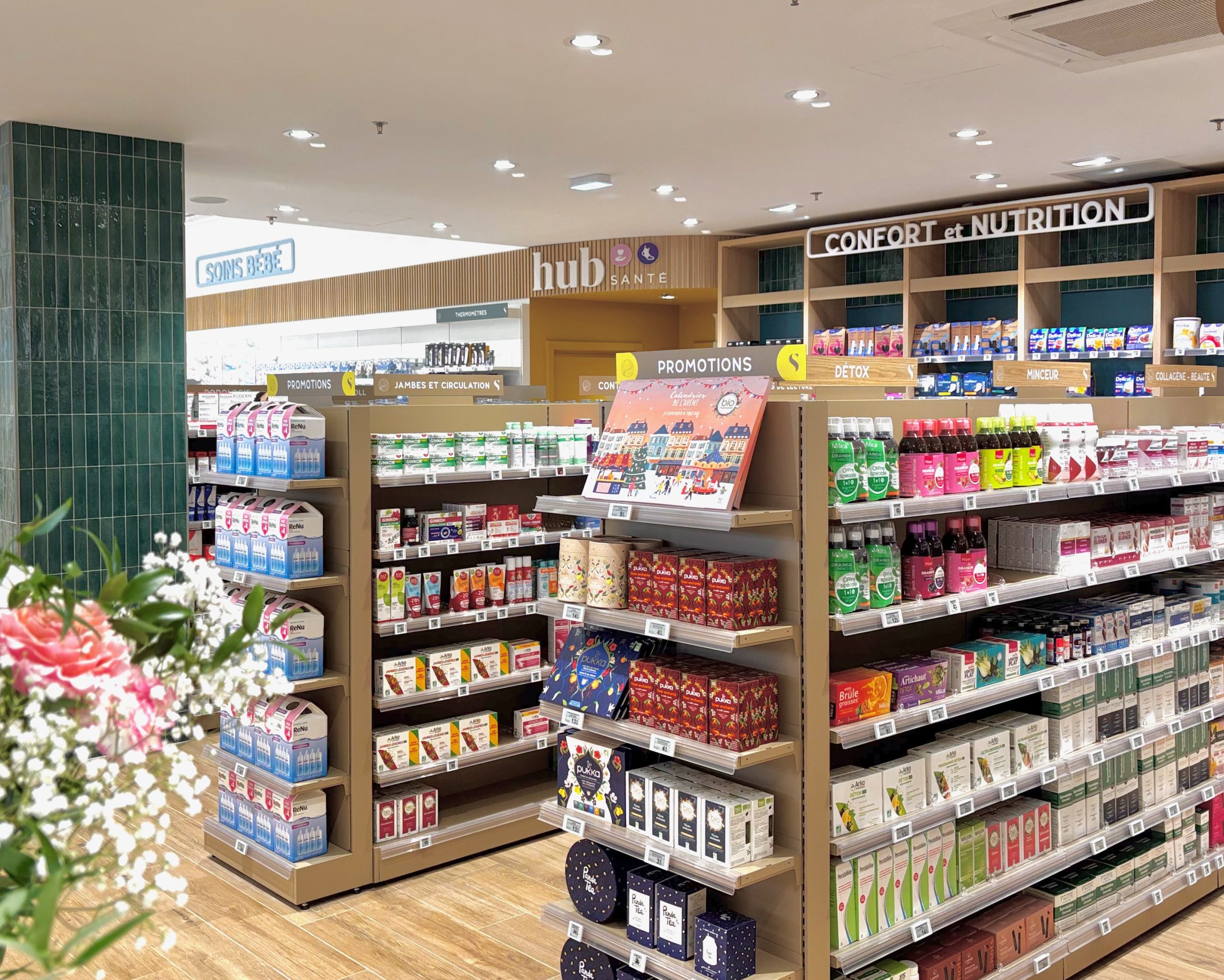 Mise en avant de l'espace nature, confort et nutrition, soins bébé et du hub santé.