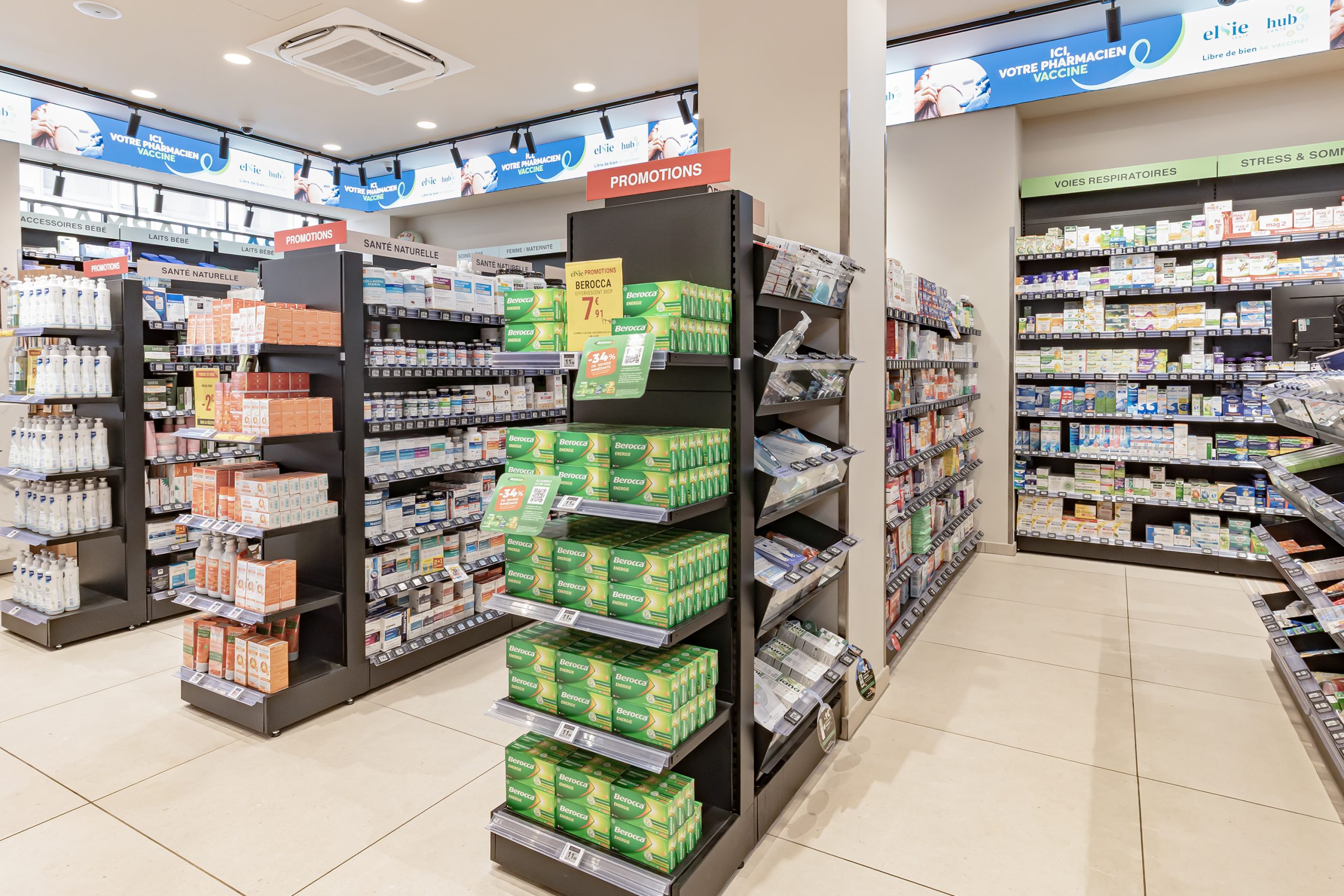 Rayons santé naturelle, voies respiratoires et promotions de la Pharmacie du Dôme.