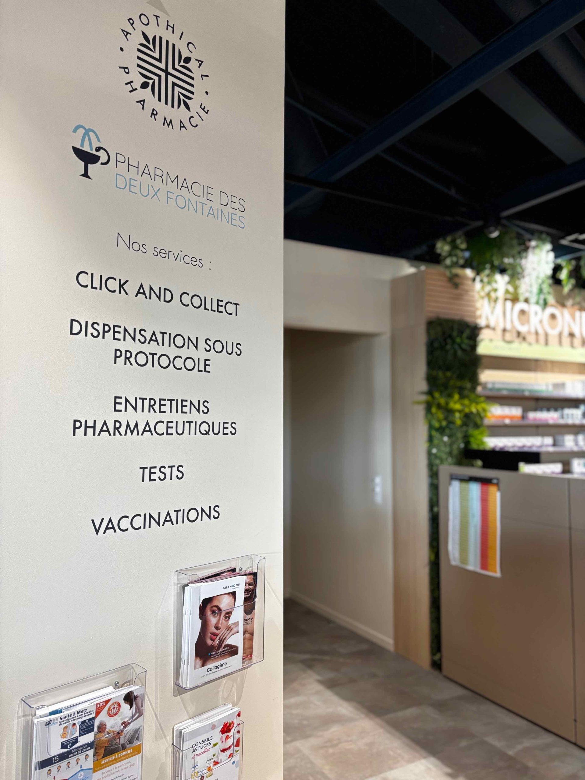 Services de la Pharmacie des Deux Fontaines : Click and Collect, dispensation, entretiens, tests et vaccinations.